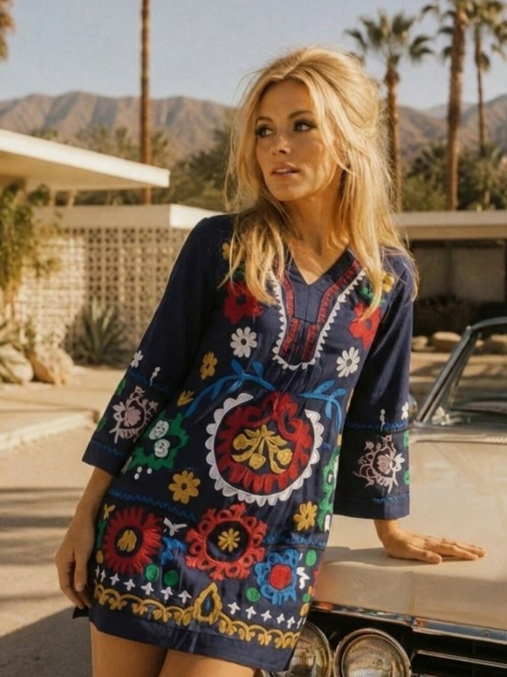 Roller Rabbit Black Heavily Embroidered Floral Boho Dress with Pockets Rare